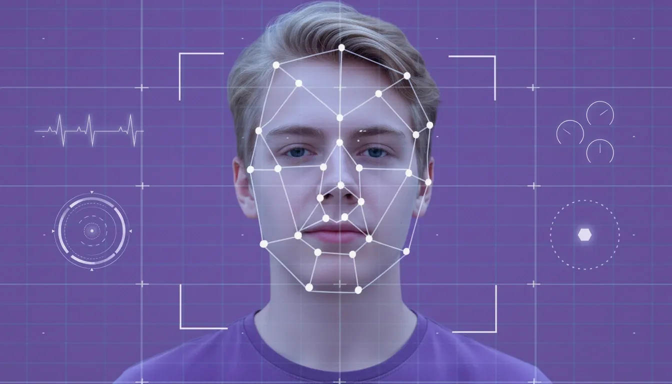 Illustration of a person’s face being scanned with facial recognition technology, showing a digital mesh of tracking points over the face on a purple grid background, symbolizing online age verification and biometric identity checks.